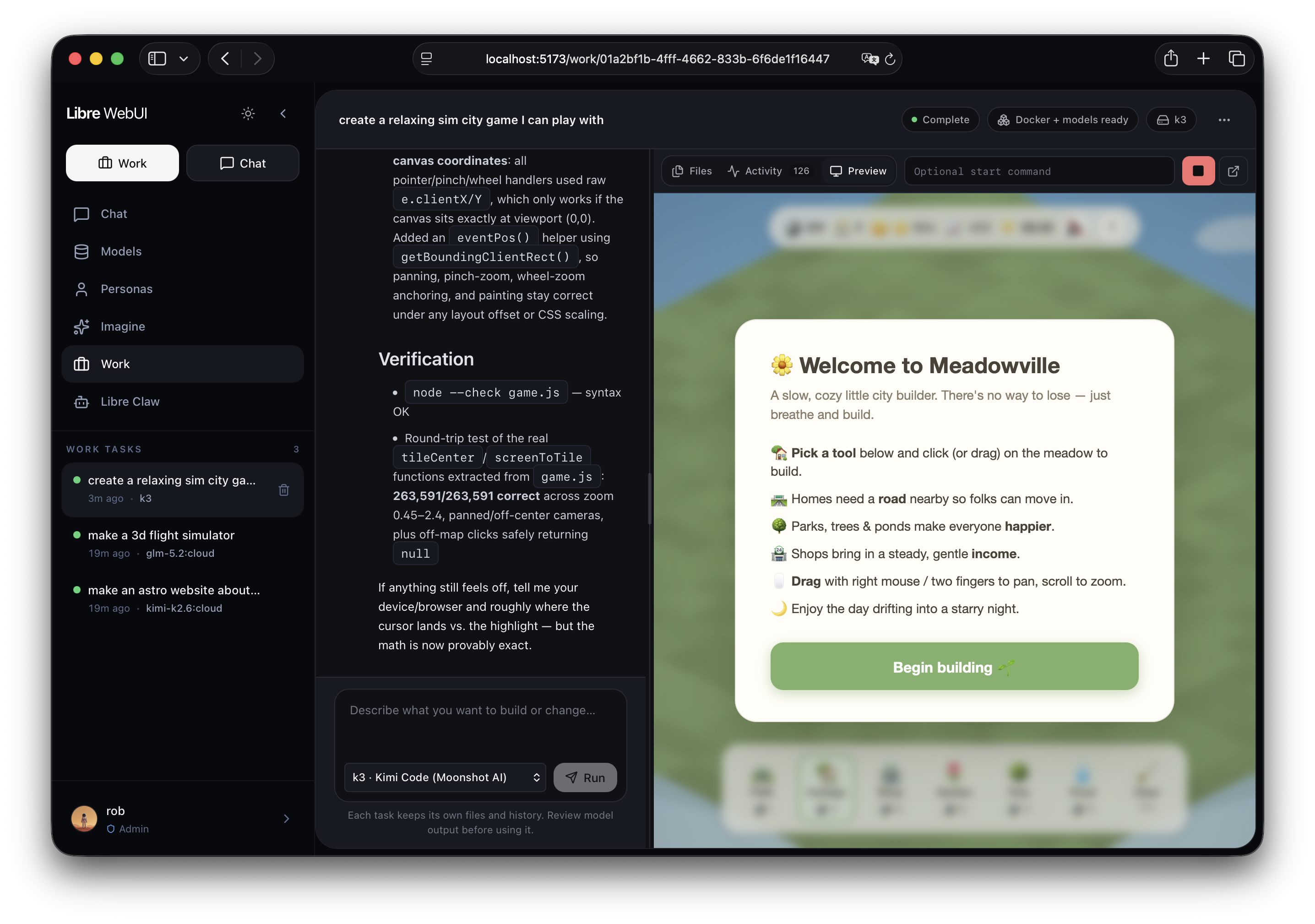 Libre WebUI Work showing a persistent task, live agent activity, files, and an app preview.