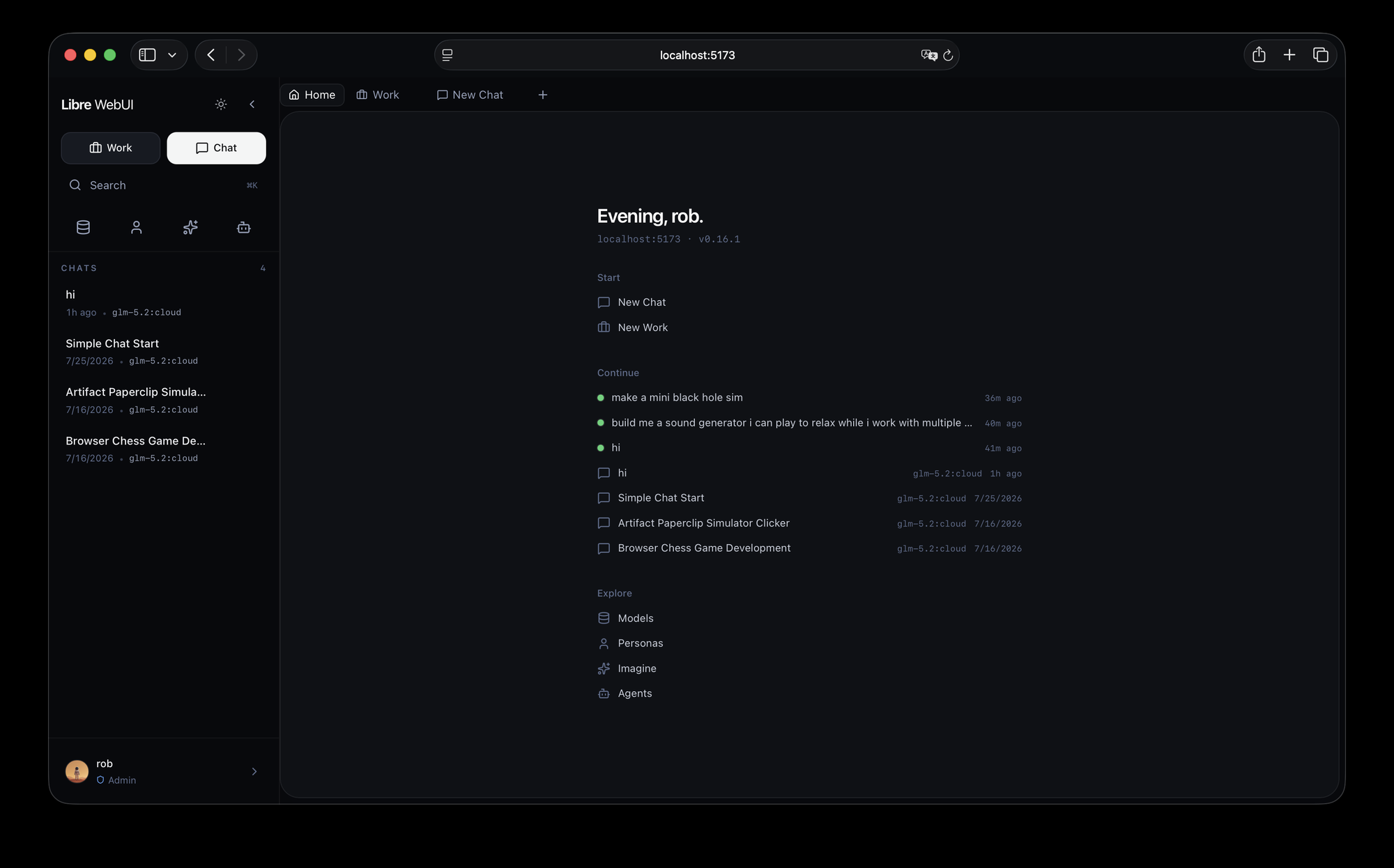 The Libre WebUI workspace: a Home tab listing chats and Work sessions to continue, beside open Work and chat tabs.