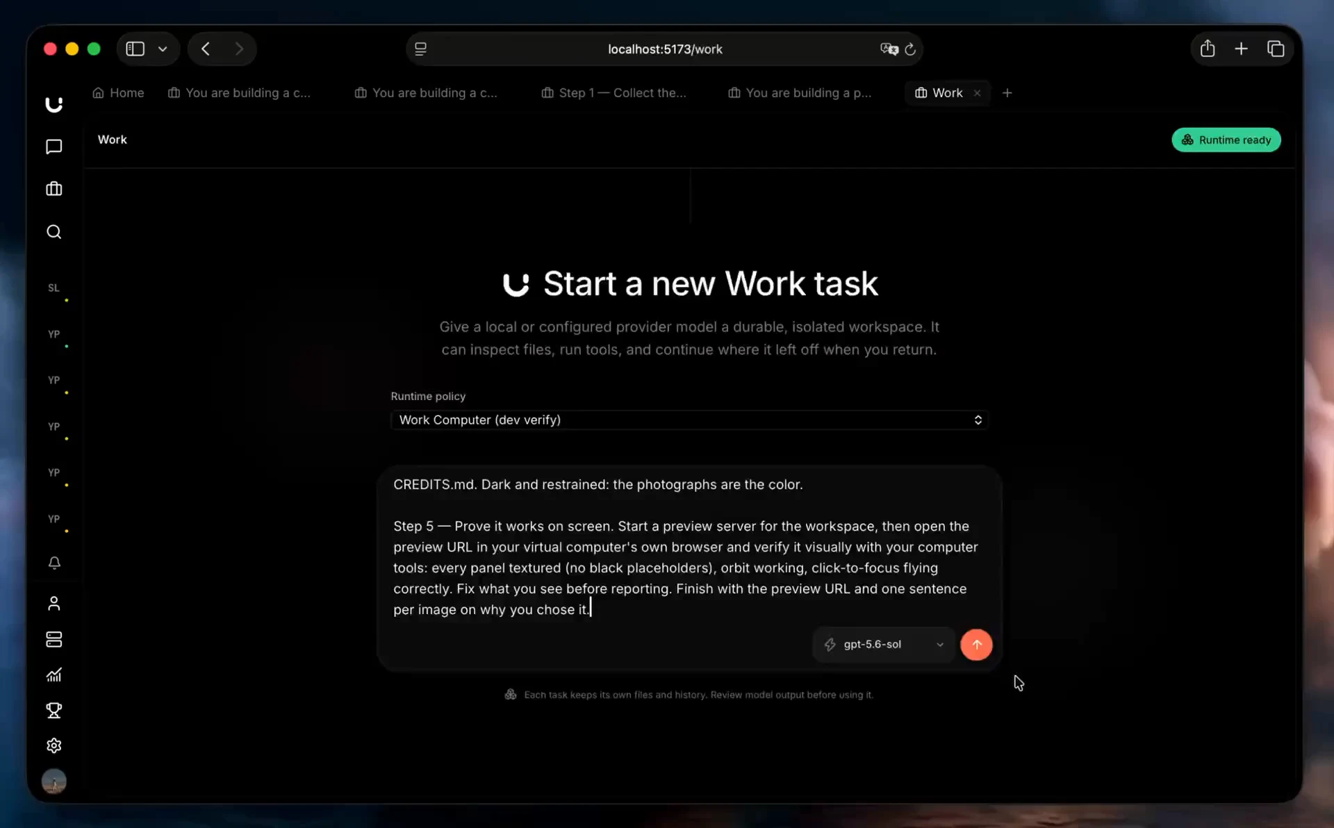 The opening frame of the Work demo: a new task with its prompt ready to run.